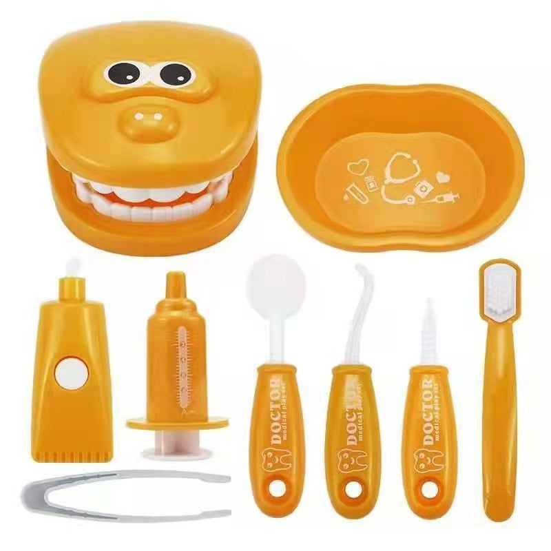 9 Piece Kids Dentist Pretend Play Set - Orange Educational Medical Kit with Teeth Model, Toothbrush &amp; Tools - Oral Hygiene Learning Toy for Toddlers &amp; Preschoolers