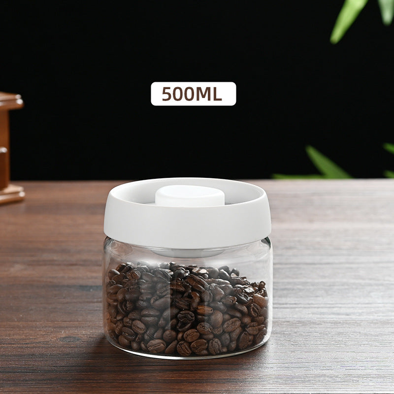 500ml Vacuum Sealed Glass Coffee Canister - One-Press Airtight Food Storage Jar - Moisture-Proof High Borosilicate Container for Beans &amp; Tea (White Lid)