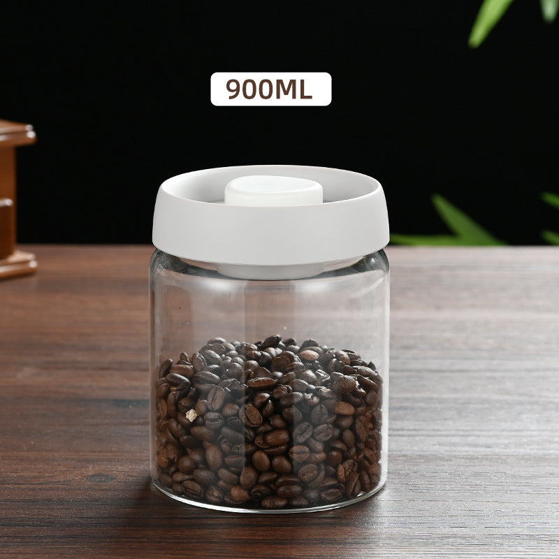 900ml Vacuum Sealed Glass Coffee Canister - One-Press Airtight Storage Jar - Medium Size Moisture-Proof Borosilicate Container for Beans &amp; Pantry (White Lid)