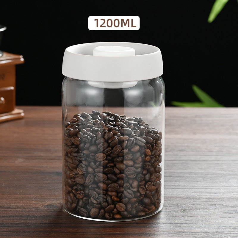 1200ml Large Vacuum Sealed Glass Canister - One-Press Airtight Food Storage Jar - High Borosilicate Coffee Bean Container &amp; Pantry Organiser (White Lid)