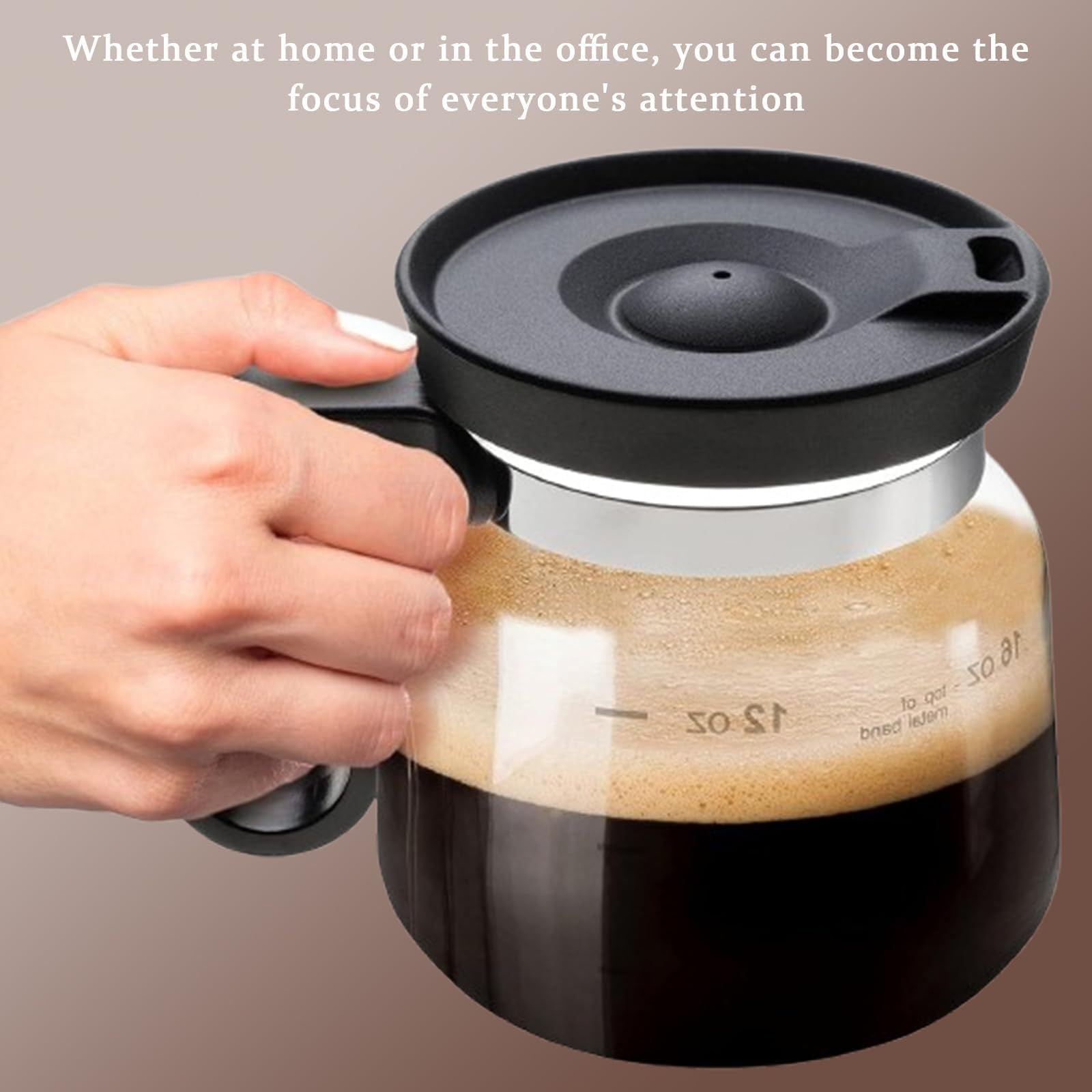 16oz Novelty Glass Coffee Carafe Mug - Heat Resistant Borosilicate Cup with Handle & Splash-Proof Lid - Personal Mini Pot for Tea, Latte & Office Desk (Clear/Black)