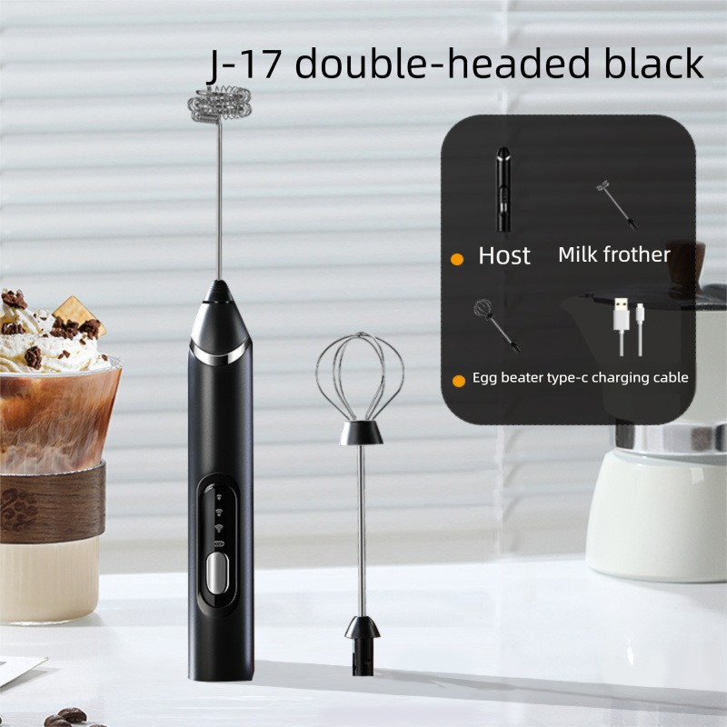 Rechargeable Electric Milk Frother Handheld - 3 Speed Adjustable Foam Maker with 2 Stainless Steel Whisks - Portable Coffee Mixer &amp; Egg Beater for Flat Whites, Lattes &amp; Baking (Black)