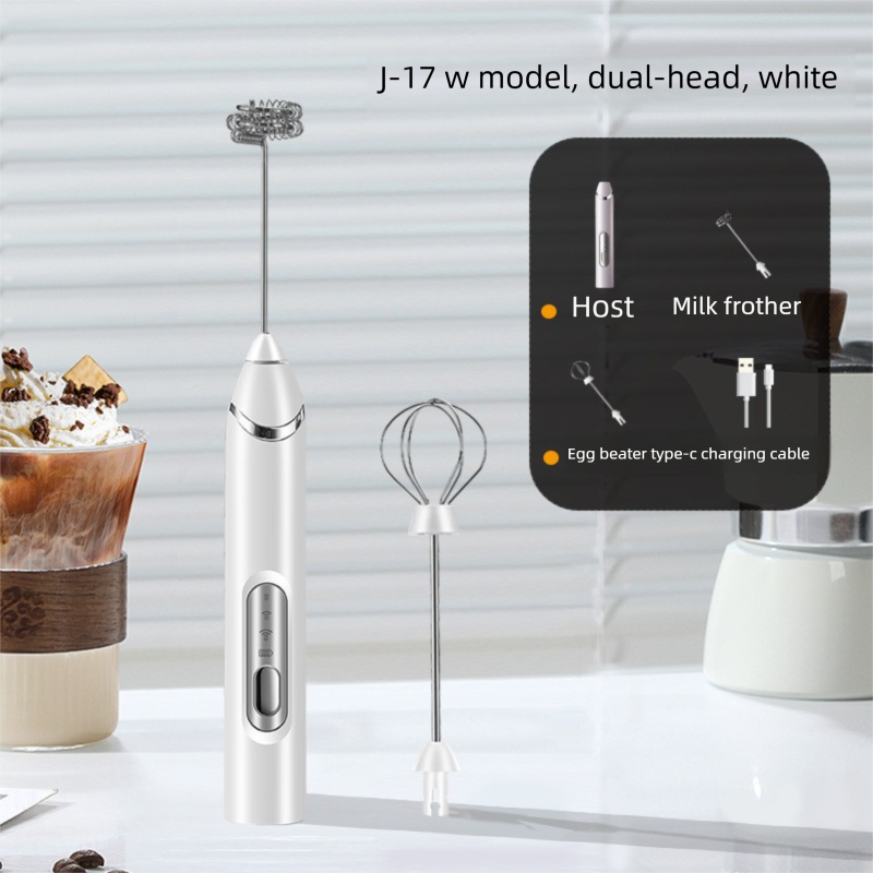 Rechargeable Electric Milk Frother Handheld - 3 Speed Adjustable Foam Maker with 2 Stainless Steel Whisks - Portable Coffee Mixer &amp; Egg Beater for Flat Whites, Lattes &amp; Baking (White)
