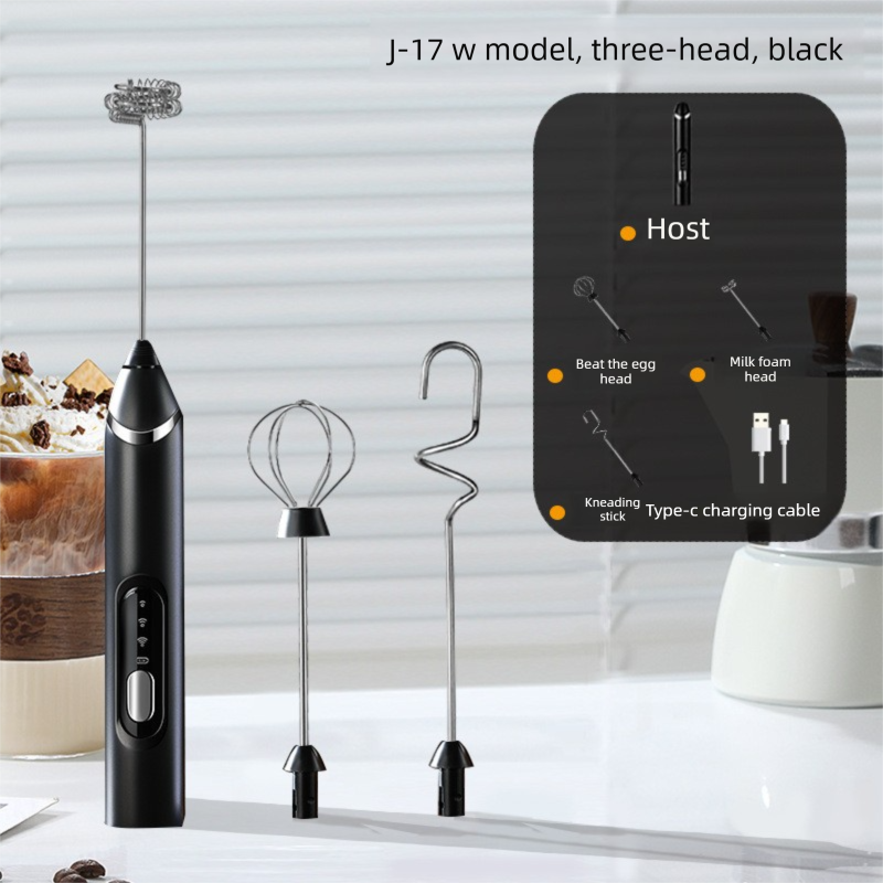 Rechargeable 3-in-1 Handheld Milk Frother Set - Electric Whisk with Egg Beater &amp; Mixing Hook - 3 Speed Adjustable Foam Maker for Coffee, Lattes, Baking &amp; Baby Food (Black)