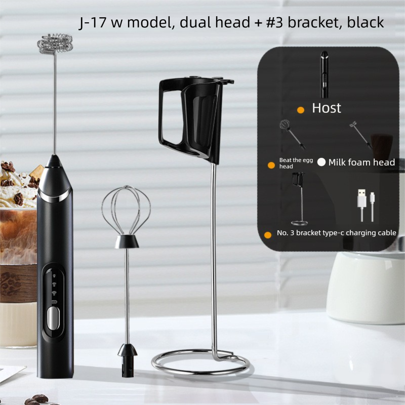 Rechargeable Electric Milk Frother with Metal Stand - Handheld Foam Maker &amp; Egg Beater Set - 3 Speed Mixer with 2 Stainless Steel Whisks for Flat Whites, Lattes &amp; Baking (Black)