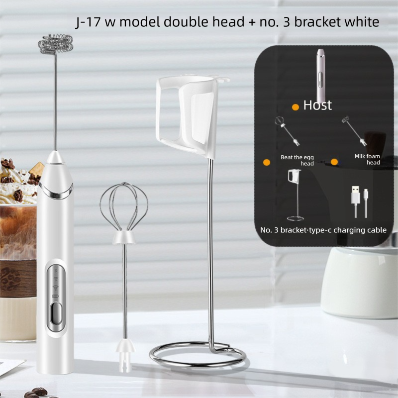 Rechargeable Electric Milk Frother with Metal Stand - Handheld Foam Maker &amp; Egg Beater Set - 3 Speed Mixer with 2 Stainless Steel Whisks for Flat Whites, Lattes &amp; Baking (White)