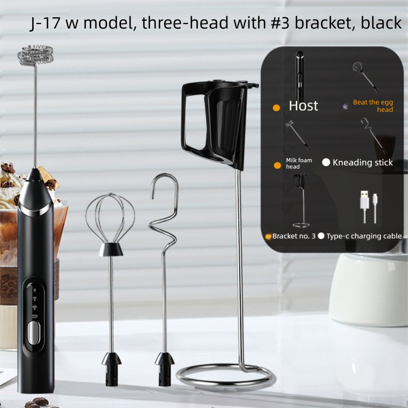 Rechargeable 3-in-1 Milk Frother Set with Metal Stand - Handheld Electric Whisk, Egg Beater &amp; Mixing Hook - 3 Speed Foam Maker for Coffee, Lattes &amp; Baking (Black)