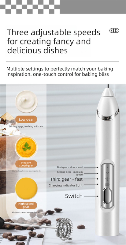 Rechargeable 3-in-1 Milk Frother Set with Metal Stand - Handheld Electric Whisk, Egg Beater & Mixing Hook - 3 Speed Foam Maker for Coffee, Lattes & Baking (Black)