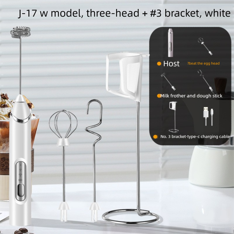 Rechargeable 3-in-1 Milk Frother Set with Metal Stand - Handheld Electric Whisk, Egg Beater &amp; Mixing Hook - 3 Speed Foam Maker for Coffee, Lattes &amp; Baking (White)