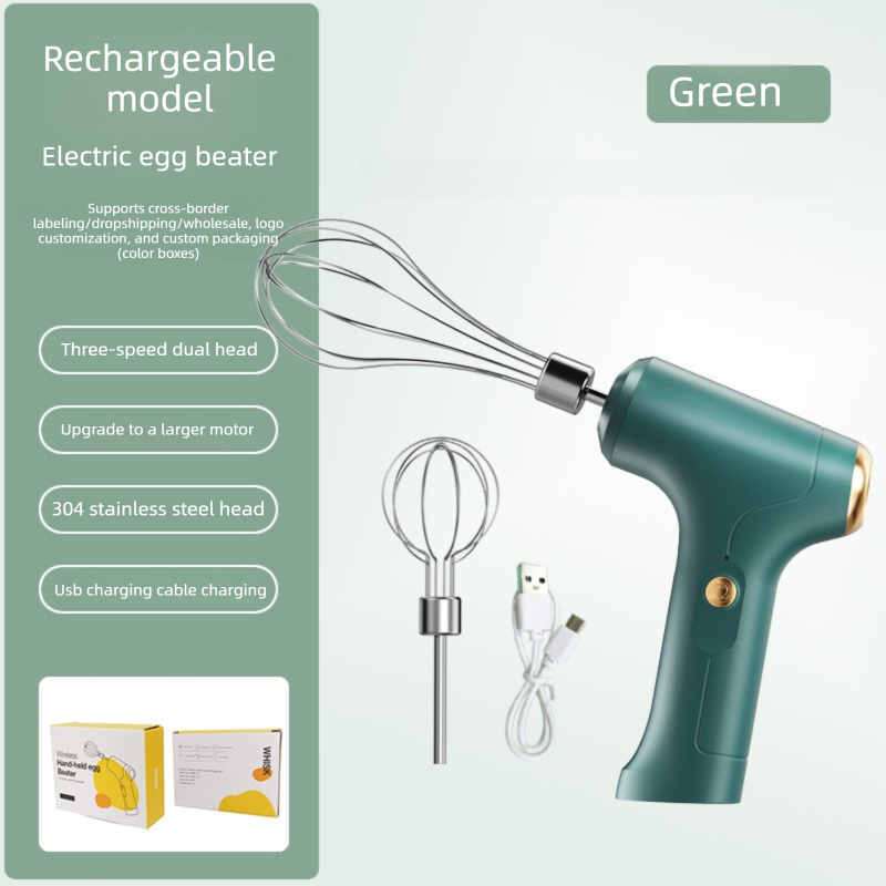Cordless Electric Hand Mixer - Rechargeable 3-Speed Egg Beater &amp; Cream Whisk - Lightweight Self-Standing Design for Baking, Cake &amp; Batter (Emerald Green)