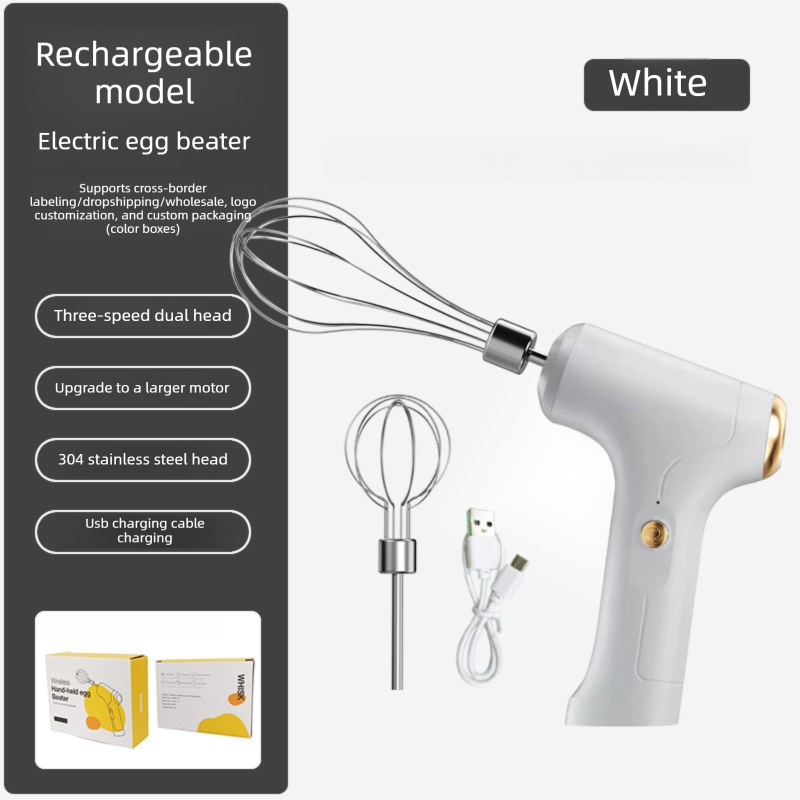 Cordless Electric Hand Mixer - Rechargeable 3-Speed Egg Beater &amp; Cream Whisk - Lightweight Self-Standing Design for Baking, Cake &amp; Batter (White)