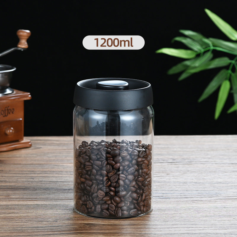 1200ml Large Vacuum Sealed Glass Canister - One-Press Airtight Food Storage Jar - High Borosilicate Coffee Bean Container &amp; Pantry Organiser (Black Lid)