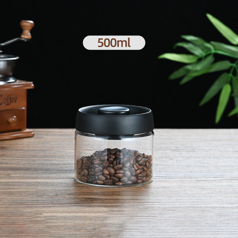 500ml Vacuum Sealed Glass Coffee Canister - One-Press Airtight Food Storage Jar - Moisture-Proof High Borosilicate Container for Beans &amp; Tea (Black Lid)