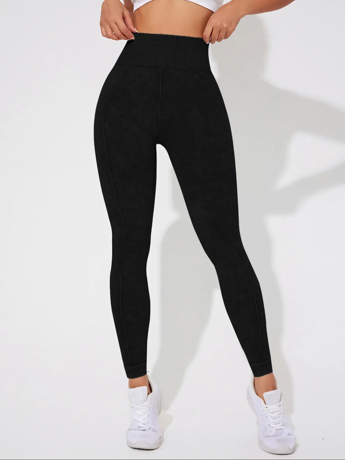 Seamless High Waisted Yoga Leggings 2 PCS Solid Black and Sand Washed Blue Size M Moisture Wicking Activewear
