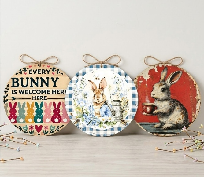 Easter Wooden Door Sign &amp; Hanging Ornament 3-Piece Set – Colorful Bunny Slogans, Blue Gingham Watering Can, and Coffee Bunny Designs