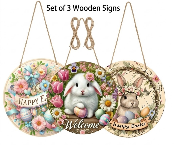 Easter Wooden Door Sign & Hanging Ornament 3-Piece Set – Happy Easter Flowers, Bunny Welcome, and Egg Wreath Designs