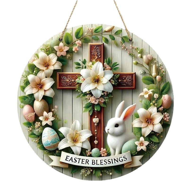 Easter Wooden Door Sign & Hanging Ornament 3-Piece Set – Festive Bunny, Tulip Flower Cart, and Rose Teacup Bunny Designs