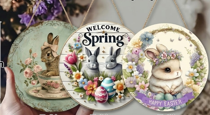 Easter Wooden Door Sign & Hanging Ornament 3-Piece Set – Bowknot Teacup Bunny, Twin Grey Rabbits, and Floral Wreath Bunny Designs