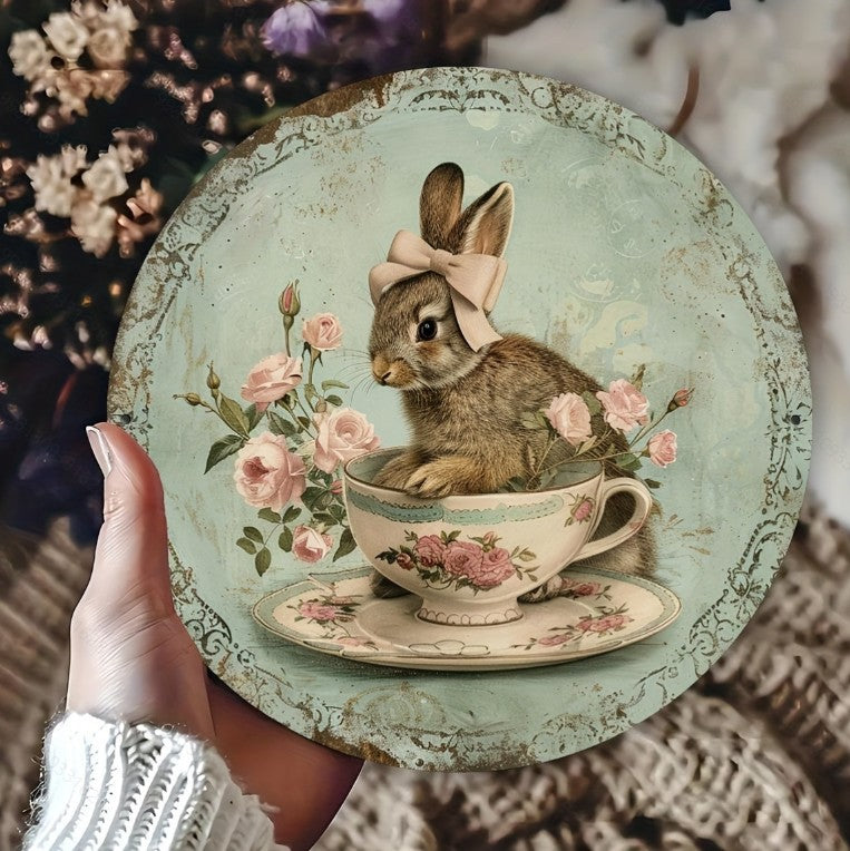 Easter Wooden Door Sign & Hanging Ornament 3-Piece Set – Bowknot Teacup Bunny, Twin Grey Rabbits, and Floral Wreath Bunny Designs