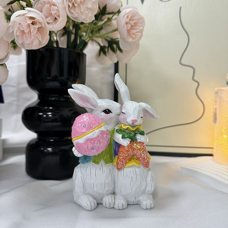 Easter Bunny &amp; Carrot Figurine Set – Cute Rabbit Couple Indoor Home Decoration Resin Craft Ornaments