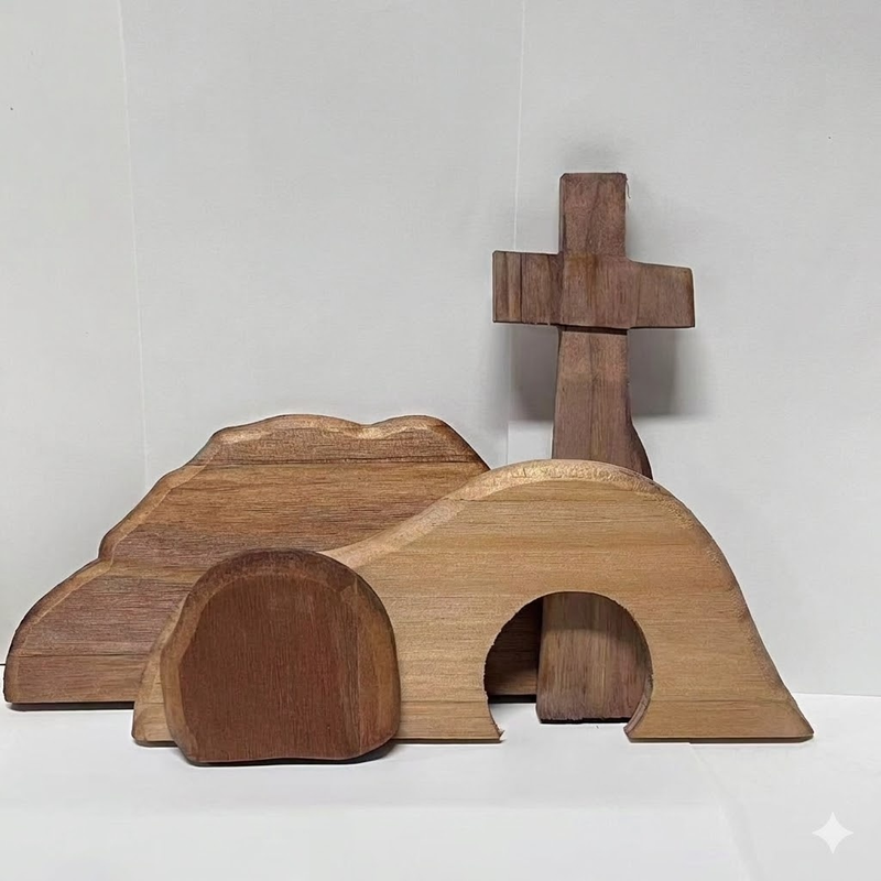 Easter Resurrection Scene Wooden Tabletop Ornament – Handcrafted Cross & Tomb Commemorative Display