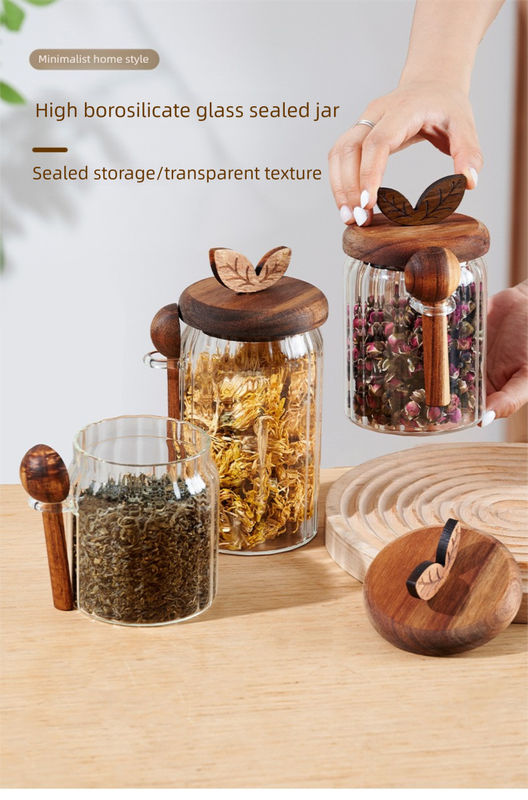 600ml Premium Borosilicate Glass Storage Jar with Acacia Wood Lid & Integrated Spoon – Airtight Moisture-Proof Kitchen Canister for Tea, Coffee, and Spices