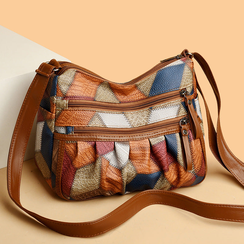 Lightweight PU Leather Pleated Shoulder Bag with Contrast Color Patchwork - Multi-Zipper Large Capacity Satchel for Women