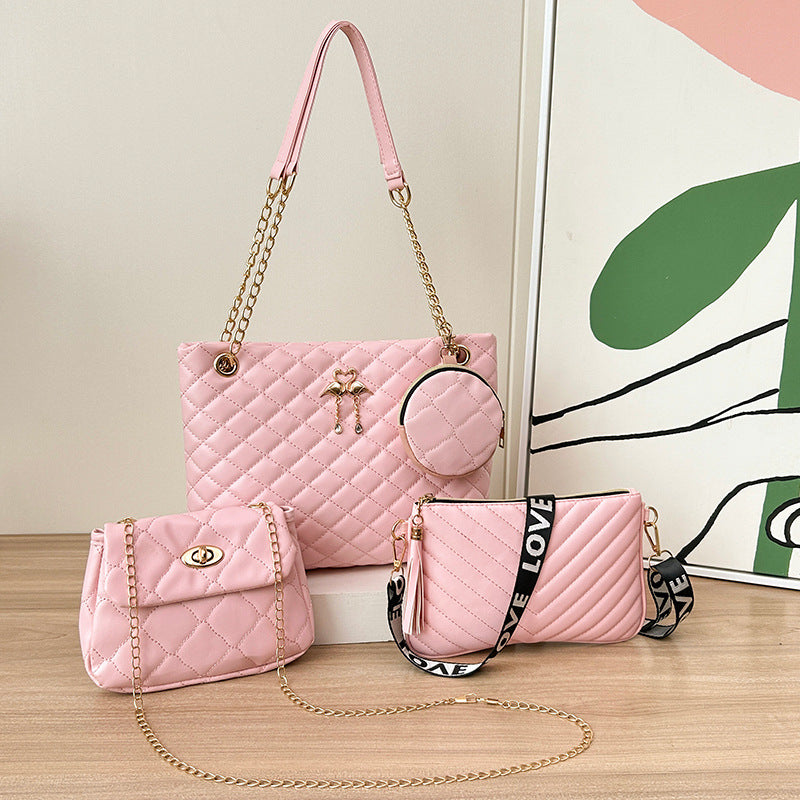 4-Piece PU Leather Rhombus Handbag Set - Large Capacity Shoulder Bag with Secure Zipper &amp; Buckle Closure, Stylish Strap &amp; Charms(Pink)