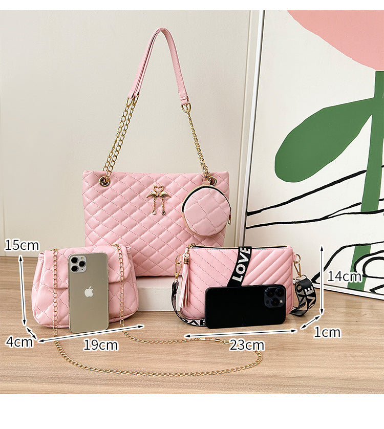 4-Piece PU Leather Rhombus Handbag Set - Large Capacity Shoulder Bag with Secure Zipper & Buckle Closure, Stylish Strap & Charms(Pink)