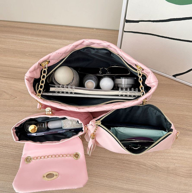 4-Piece PU Leather Rhombus Handbag Set - Large Capacity Shoulder Bag with Secure Zipper & Buckle Closure, Stylish Strap & Charms(Pink)