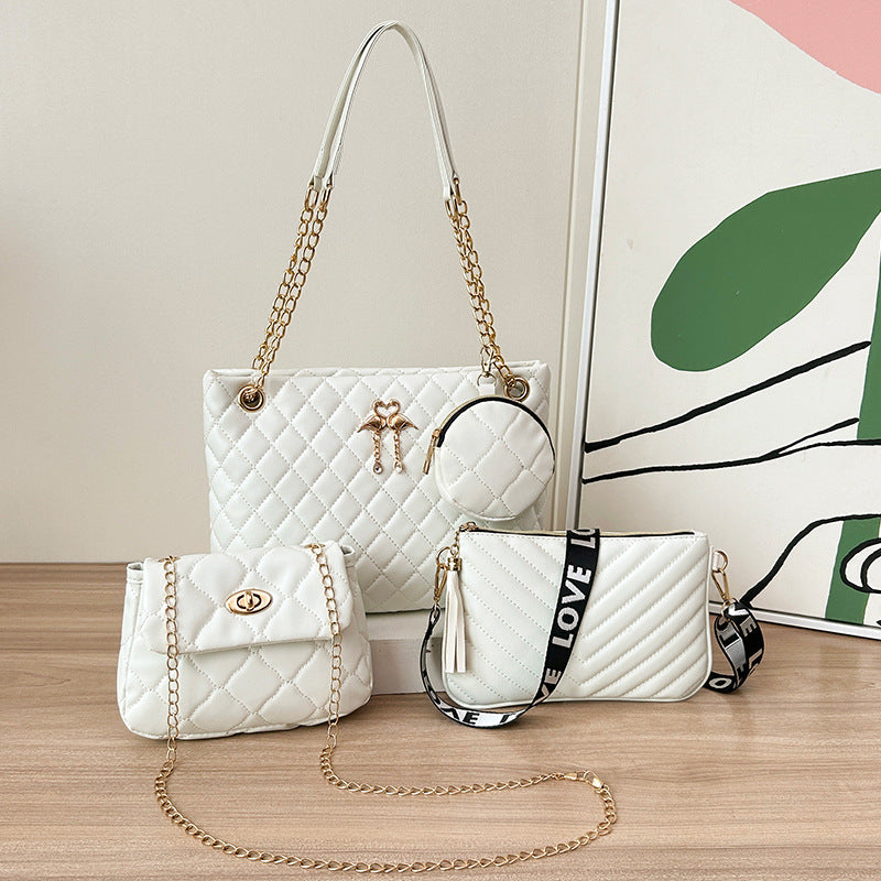 4-Piece PU Leather Rhombus Handbag Set - Large Capacity Shoulder Bag with Secure Zipper &amp; Buckle Closure, Stylish Strap &amp; Charms(White)
