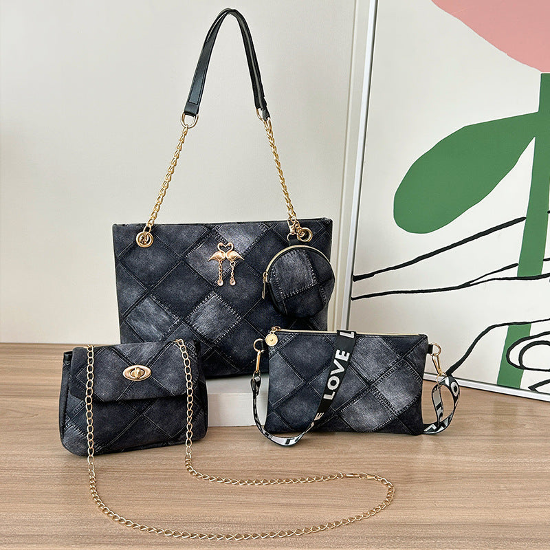 4-PCS Plaid Contrast-Color Handbag Set - Large Capacity PU Leather Shoulder Bag with Secure Zipper &amp; Buckle Closure, Stylish Strap &amp; Charms(Black &amp; Grey)