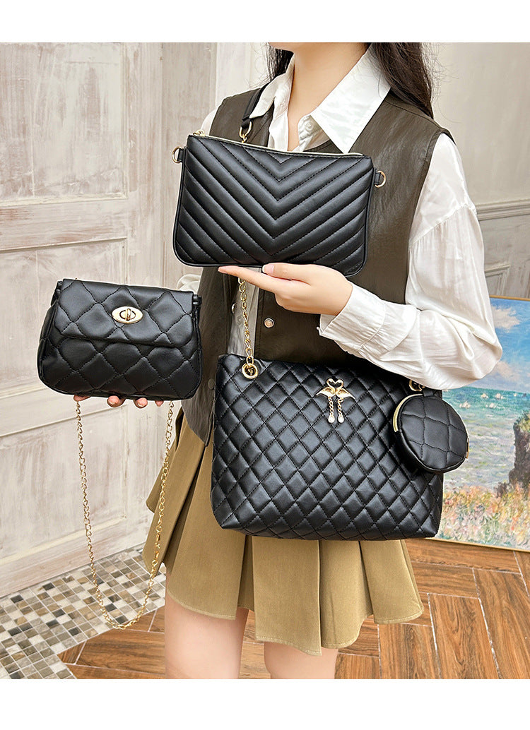 4-PCS Plaid Contrast-Color Handbag Set - Large Capacity PU Leather Shoulder Bag with Secure Zipper & Buckle Closure, Stylish Strap & Charms(Black & Grey)