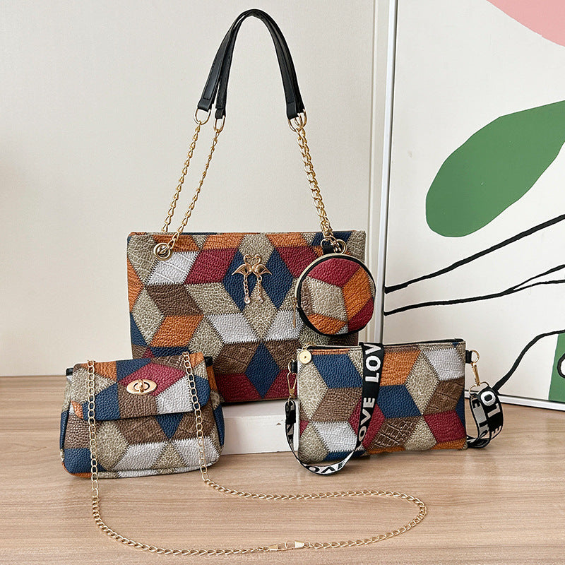 4-PCS Plaid Contrast-Color Handbag Set - Large Capacity PU Leather Shoulder Bag with Secure Zipper &amp; Buckle Closure, Stylish Strap &amp; Charms(Brown &amp; Blue)