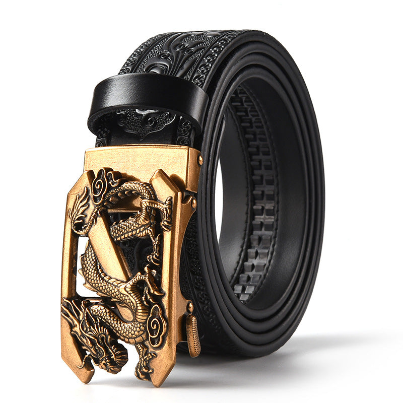 Black 120CM Men's Genuine Cowhide Vintage Carved Belt with Gold Dragon Design Automatic Sliding Buckle