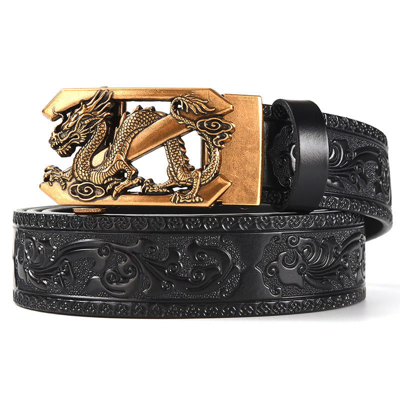 Black 120CM Men's Genuine Cowhide Vintage Carved Belt with Gold Dragon Design Automatic Sliding Buckle