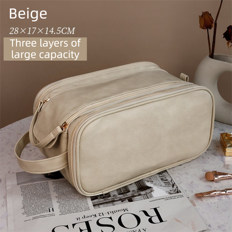 Beige Premium TPU Leather Dual-Zipper Cosmetic Bag with 3 Dry & Wet Separation Zone - Large Capacity Travel Toiletries Organizer