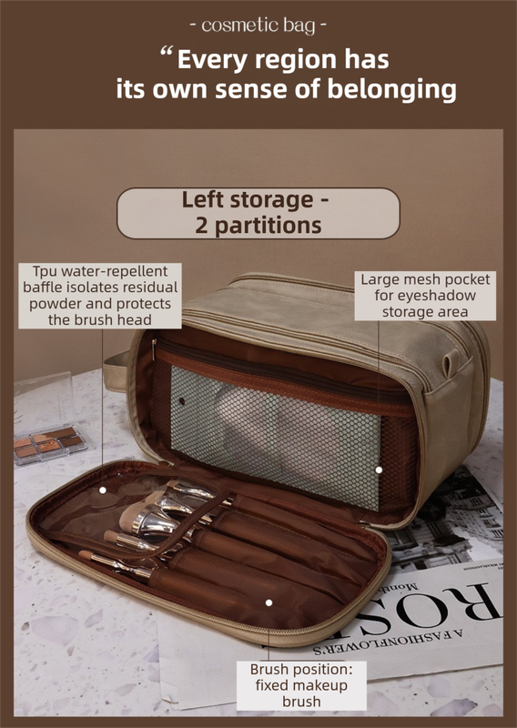 Beige Premium TPU Leather Dual-Zipper Cosmetic Bag with 3 Dry & Wet Separation Zone - Large Capacity Travel Toiletries Organizer