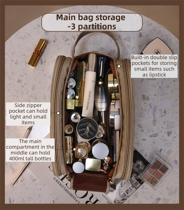 Beige Premium TPU Leather Dual-Zipper Cosmetic Bag with 3 Dry & Wet Separation Zone - Large Capacity Travel Toiletries Organizer