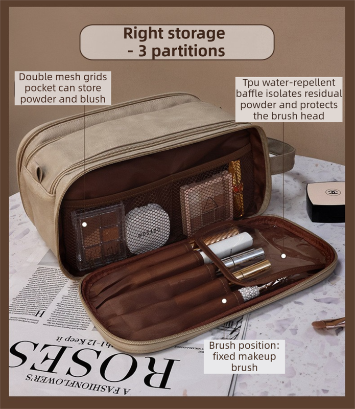Beige Premium TPU Leather Dual-Zipper Cosmetic Bag with 3 Dry & Wet Separation Zone - Large Capacity Travel Toiletries Organizer