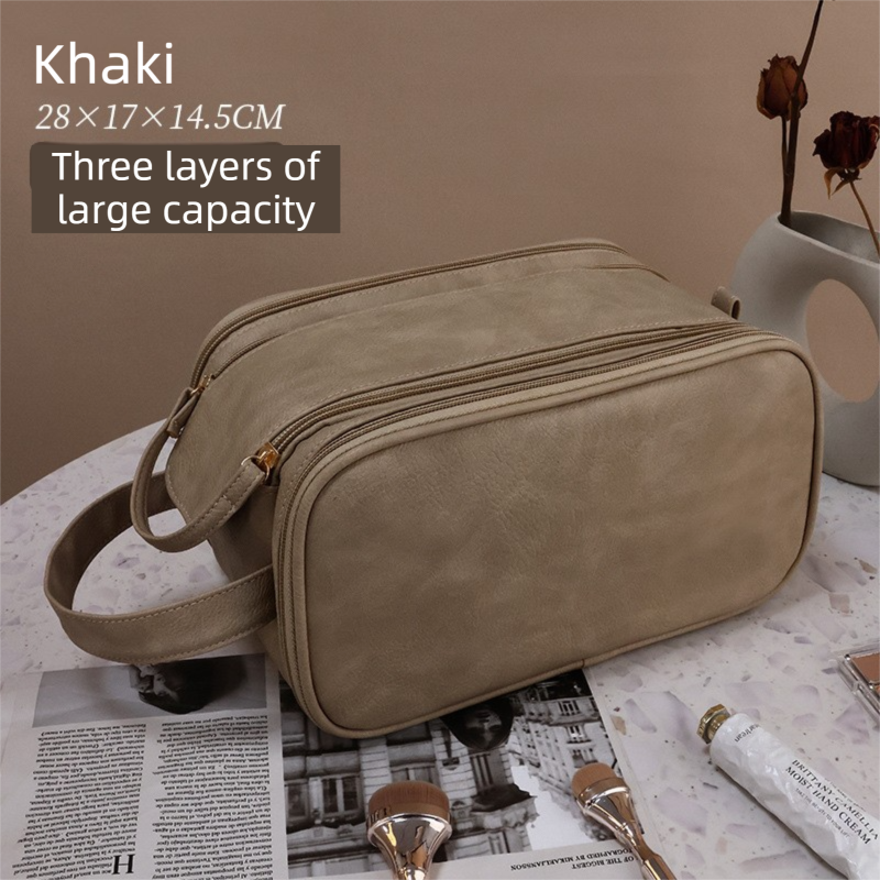 Khaki Premium TPU Leather Dual-Zipper Cosmetic Bag with 3 Dry &amp; Wet Separation Zone - Large Capacity Travel Toiletries Organizer