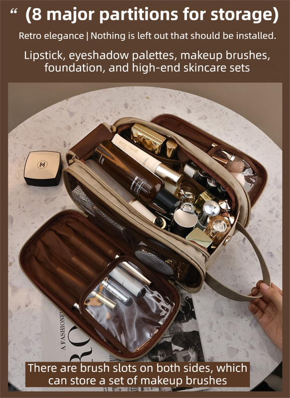 Khaki Premium TPU Leather Dual-Zipper Cosmetic Bag with 3 Dry & Wet Separation Zone - Large Capacity Travel Toiletries Organizer