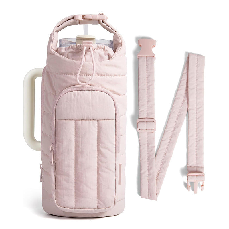 Pink Nylon Quilted Insulated Water Bottle Bag for 18-64oz Flask - Lightweight Sports &amp; Travel Puffer Shockproof Protective Pouch