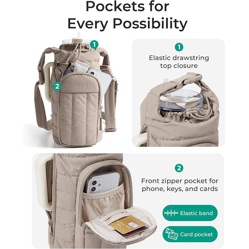 Black Nylon Quilted Insulated Water Bottle Bag for 18-64oz Flask - Lightweight Sports & Travel Puffer Shockproof Protective Pouch