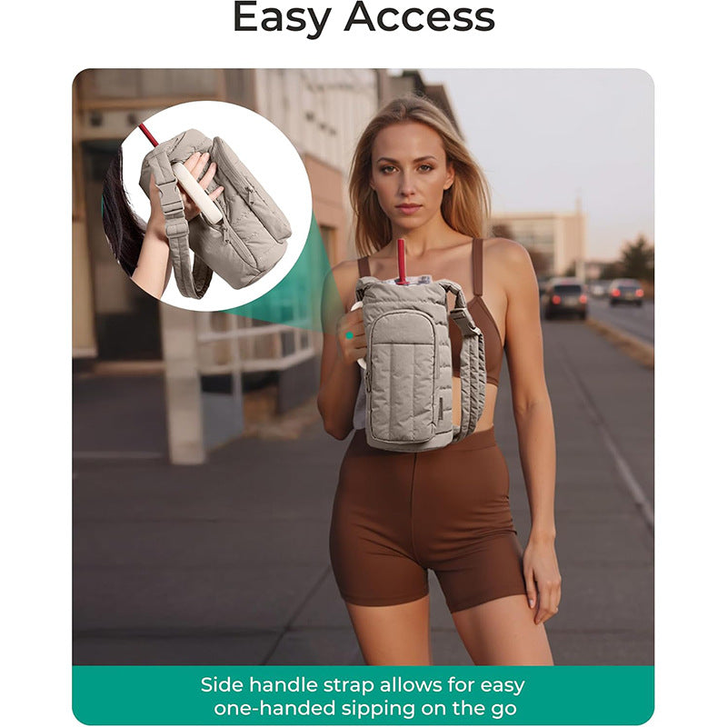 Black Nylon Quilted Insulated Water Bottle Bag for 18-64oz Flask - Lightweight Sports & Travel Puffer Shockproof Protective Pouch