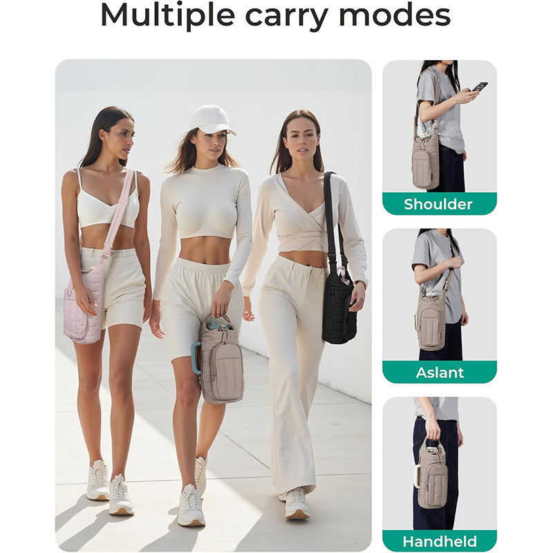 Black Nylon Quilted Insulated Water Bottle Bag for 18-64oz Flask - Lightweight Sports & Travel Puffer Shockproof Protective Pouch