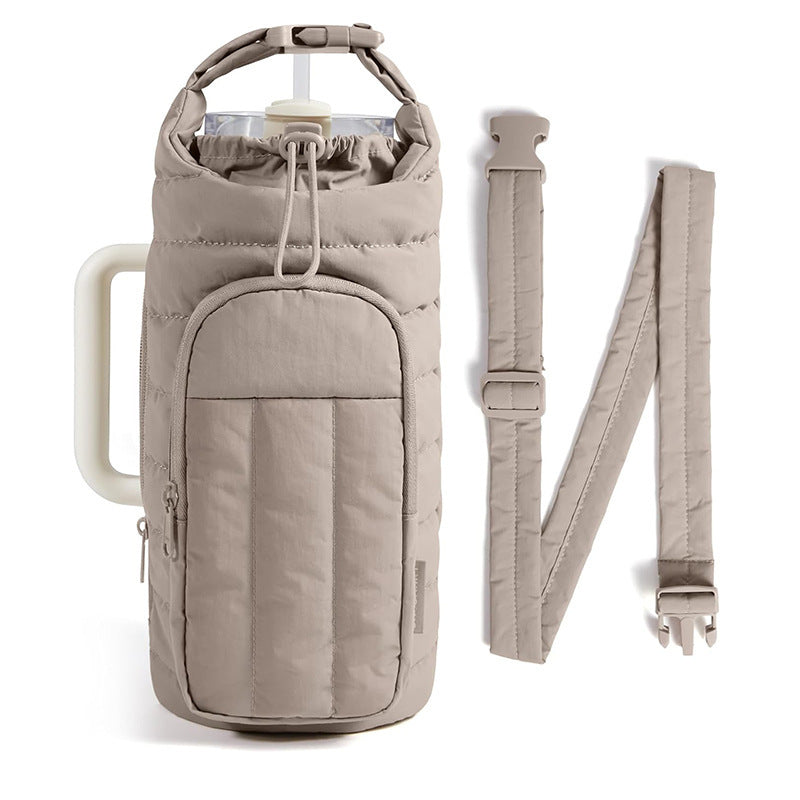 Khaki Nylon Quilted Insulated Water Bottle Bag for 18-64oz Flask - Lightweight Sports &amp; Travel Puffer Shockproof Protective Pouch