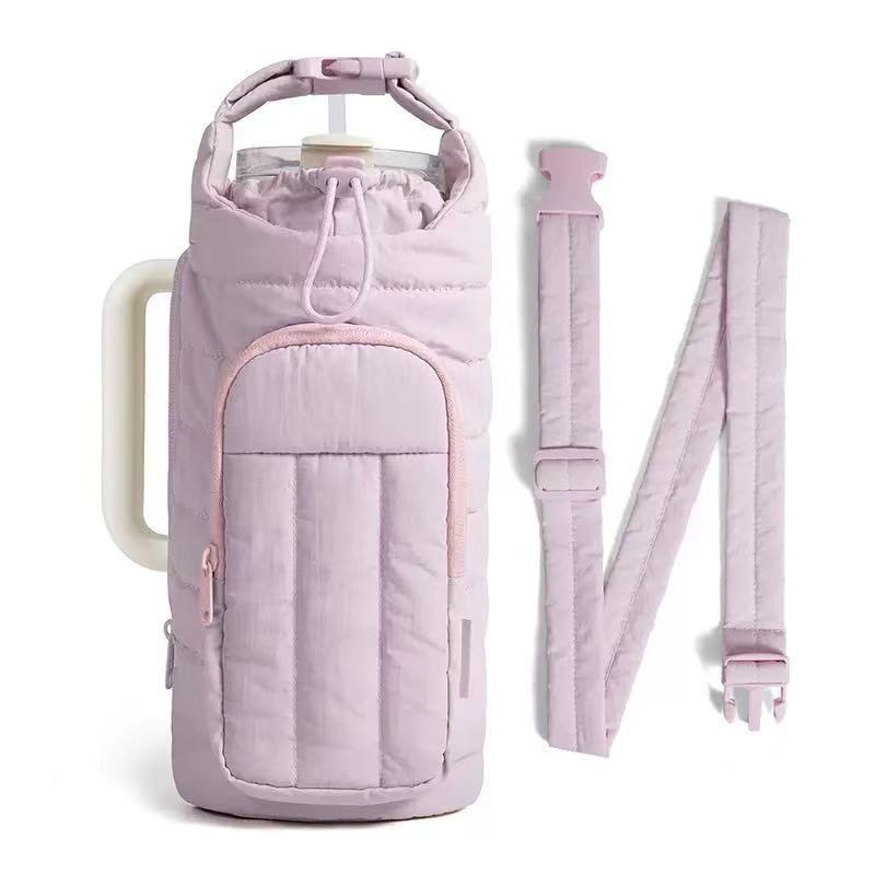 Purple Nylon Quilted Insulated Water Bottle Bag for 18-64oz Flask - Lightweight Sports &amp; Travel Puffer Shockproof Protective Pouch