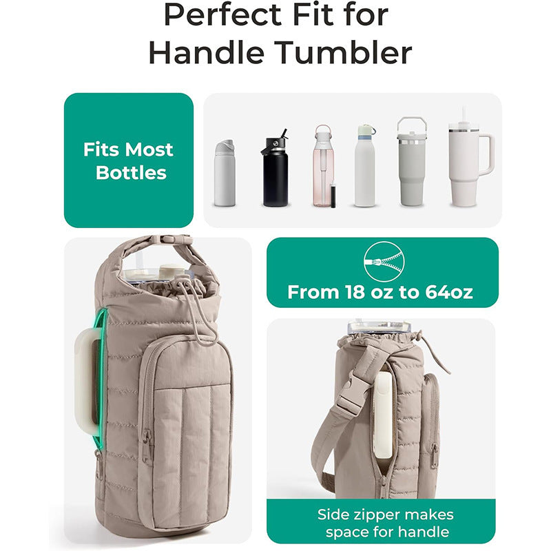 Purple Nylon Quilted Insulated Water Bottle Bag for 18-64oz Flask - Lightweight Sports & Travel Puffer Shockproof Protective Pouch