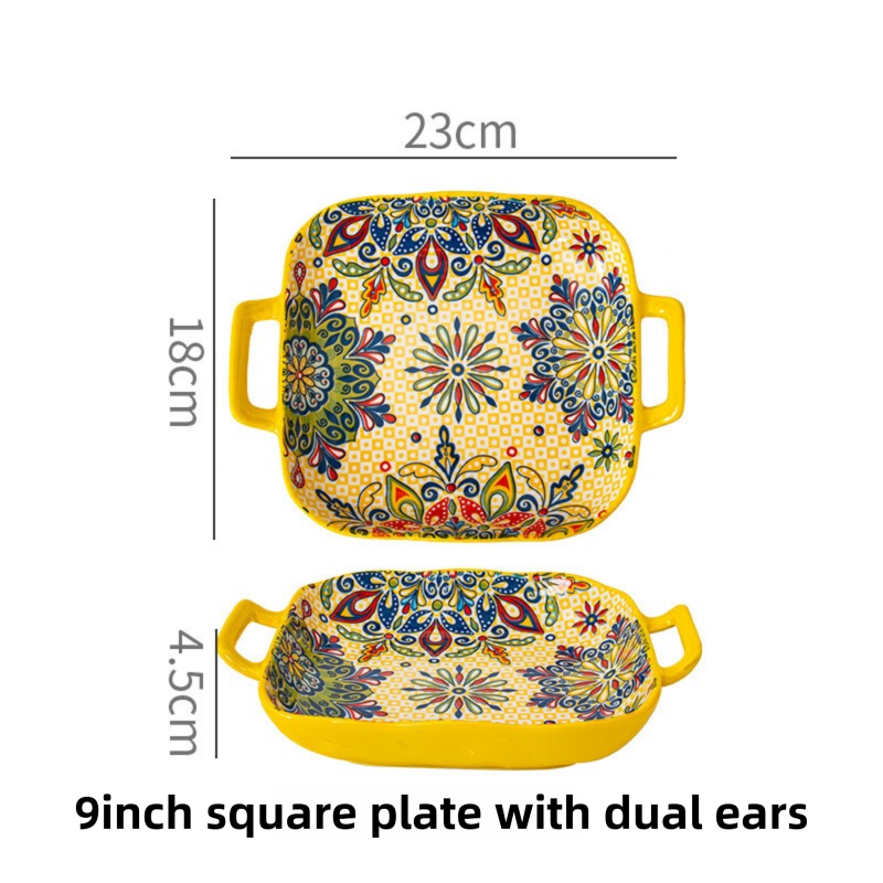 9-Inch Underglaze Ceramic Square Serving Plate with Dual Handles (Mirror Sunlight Style) - Microwave and Oven Safe Pasta & Fruit Tray